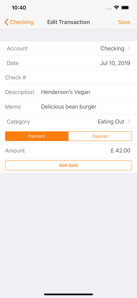 Interface do aplicativo móvel Moneydance mostrando a tela de edição de transação com detalhes de um pagamento de restaurante.