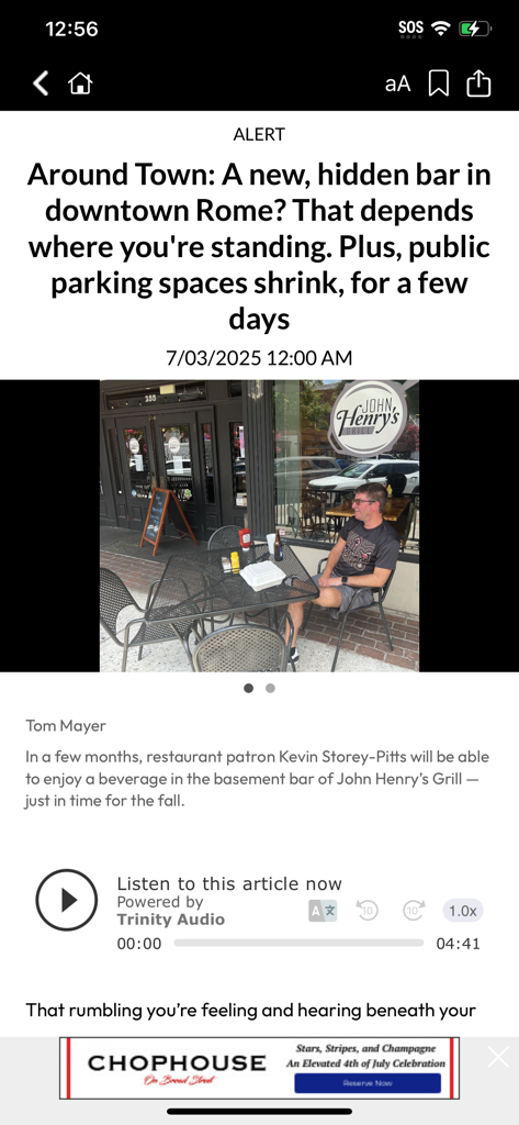 The Rome News-Tribune mobile app displaying a local community article about a new bar in downtown Rome with a built-in audio player.