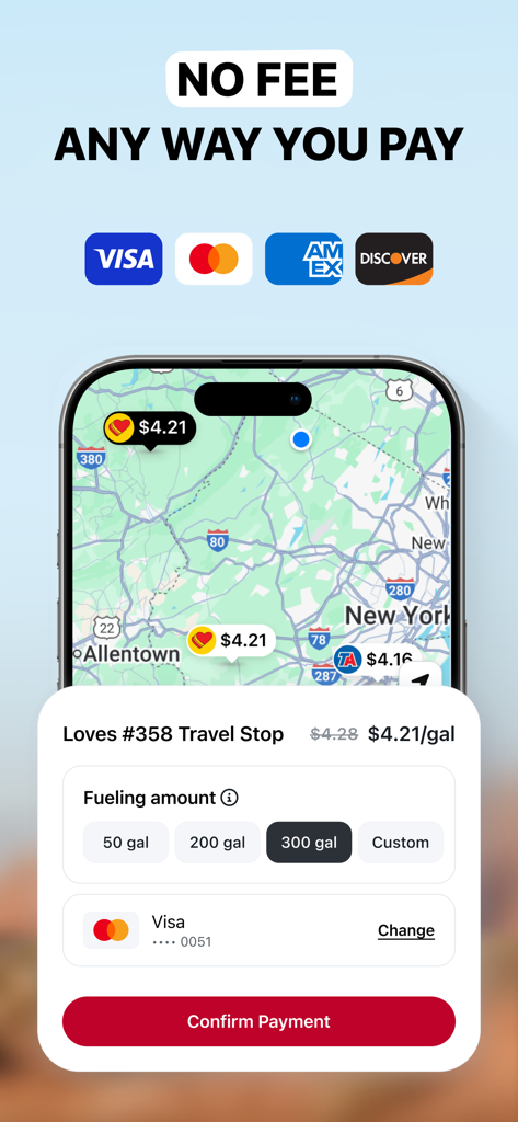 10-4 by WEX - Mobile app screen for 10-4 by WEX showing a fuel price map and a checkout interface for diesel fuel payments with no fees.