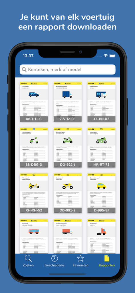 Kenteken Check - Une interface d'application mobile affichant une grille de rapports de véhicules téléchargeables pour différents types de véhicules néerlandais