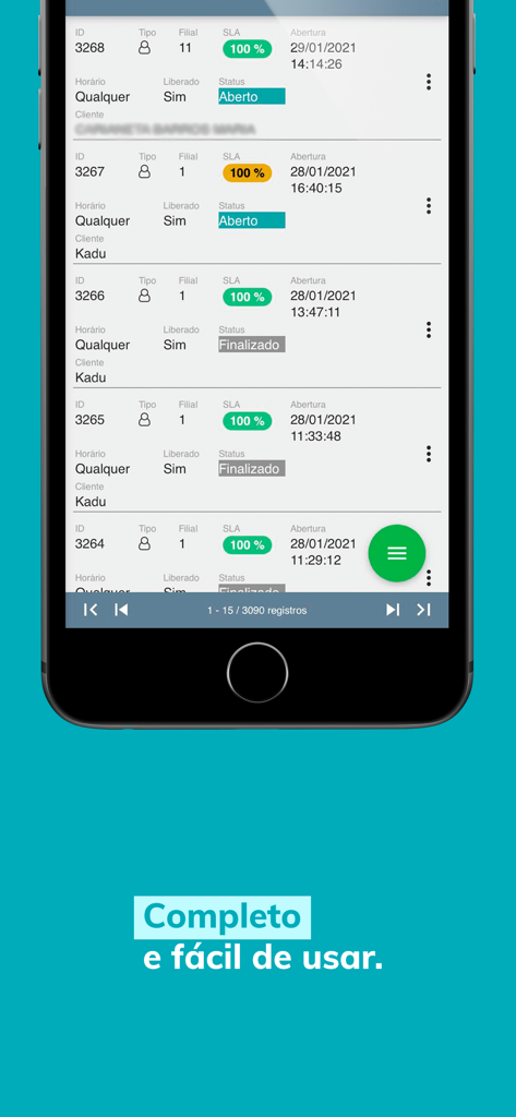 IXC Provedor - Interface do aplicativo móvel IXC Provedor exibindo uma lista de ordens de serviço do provedor com rastreamento de status e métricas de SLA