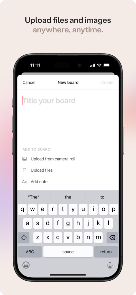 Playbook - Creative Storage - Screenshot of the Playbook app showing a New Board creation screen with options to upload from camera roll, upload files, or add notes.