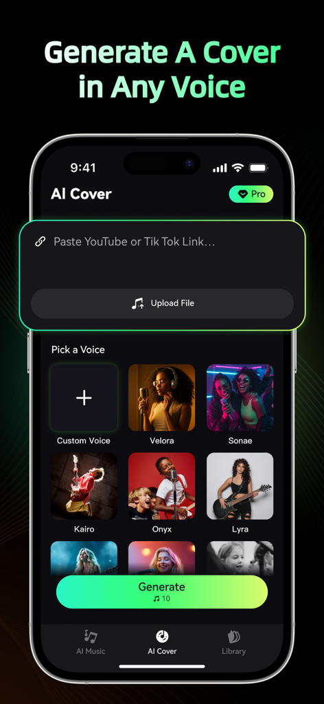 Oyamuse - AI Music Creator - Interface for generating AI song covers in the Oyamuse app with various voice profiles