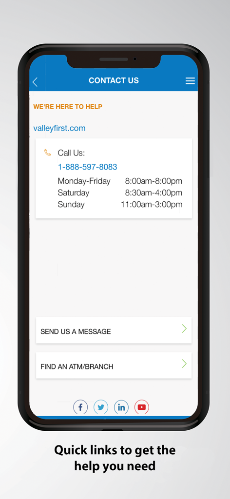 Valley First mobile app contact us screen with phone number and branch locator