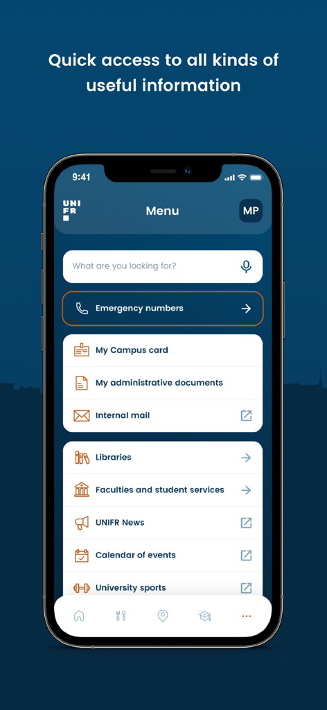 Tela de menu do aplicativo UNIFR Mobile mostrando acesso rápido a serviços universitários, incluindo cartão do campus, documentos administrativos, bibliotecas e notícias.