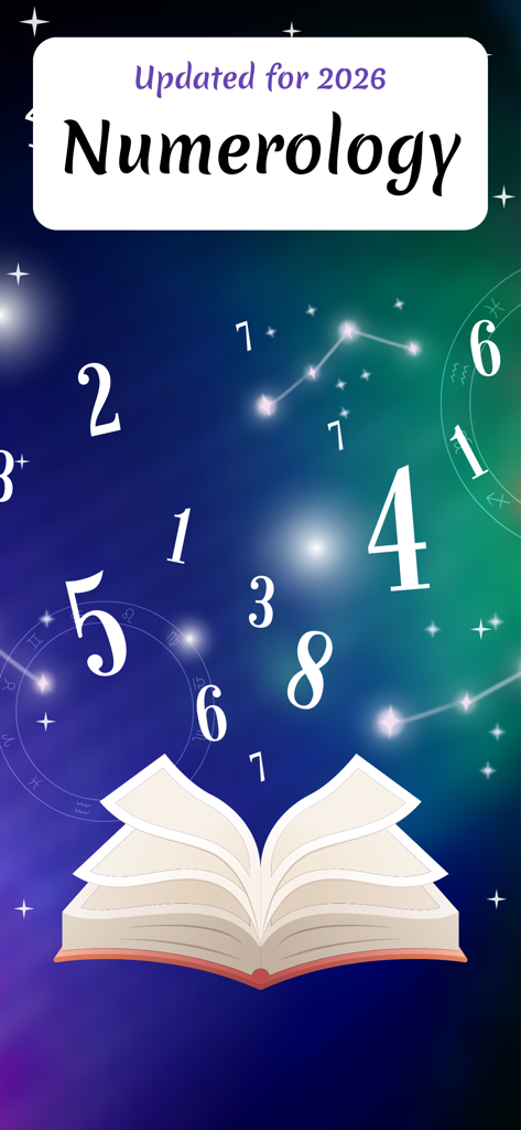 Numerology Future Astrology - 数秘術アプリの紹介画面、星空の宇宙背景に浮かぶ数字と開かれた本が表示されています