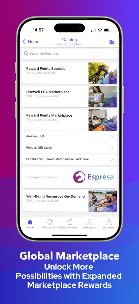 Espresa app screenshot showing the global marketplace catalog with lifestyle spending account rewards and employee wellness programs