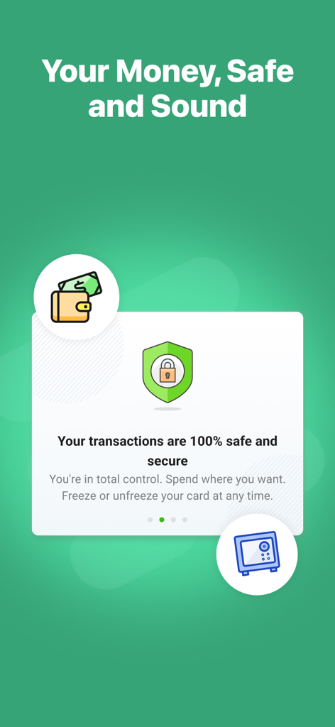 FairMoney app security screen showcasing safe transactions and card freezing features.