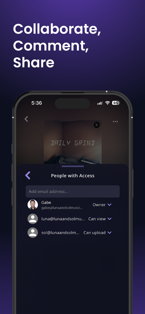 Interface showing project collaboration and access management in the Sound Credit app