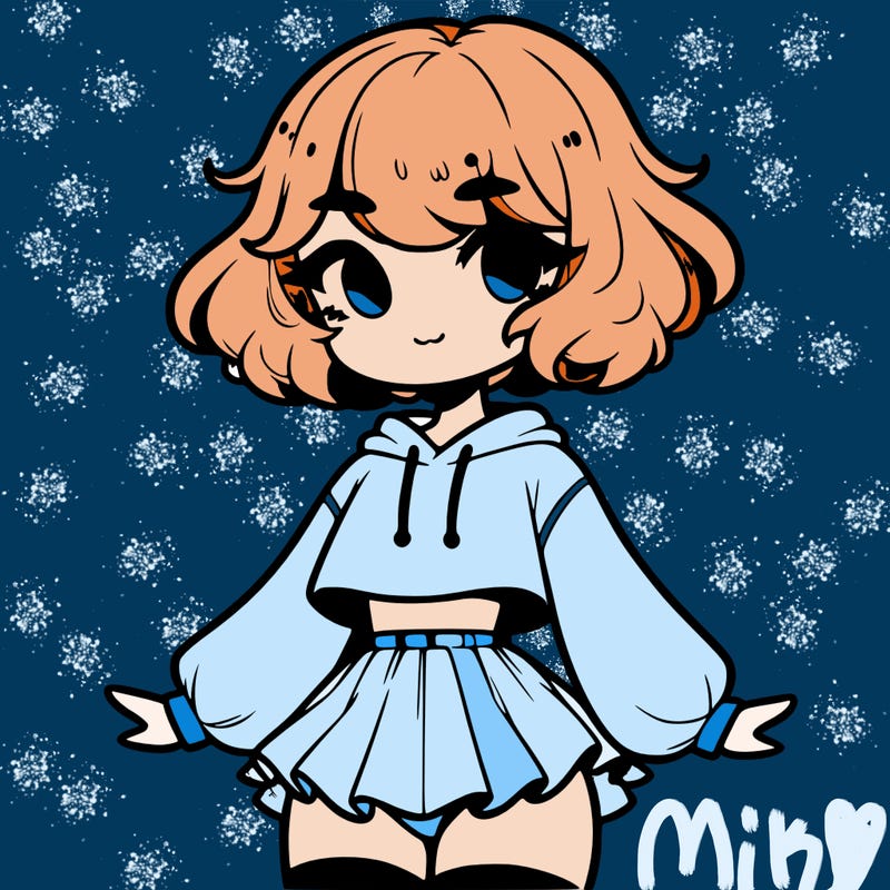 cute femboy with short, fluffy hair that softly frames their face, wearing a cropped hoodie, paired with a flouncy short skirt, and thigh-high stockings