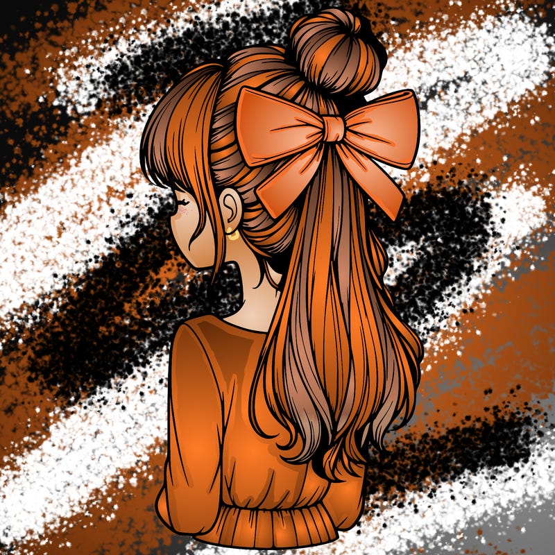 realistic girl  with hip length hair a bun and a big bow on the back of head