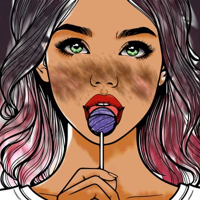 a realistic girl with a lollipop in her mouth