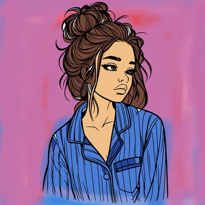 realistic woman with pajamas on and a messy bun