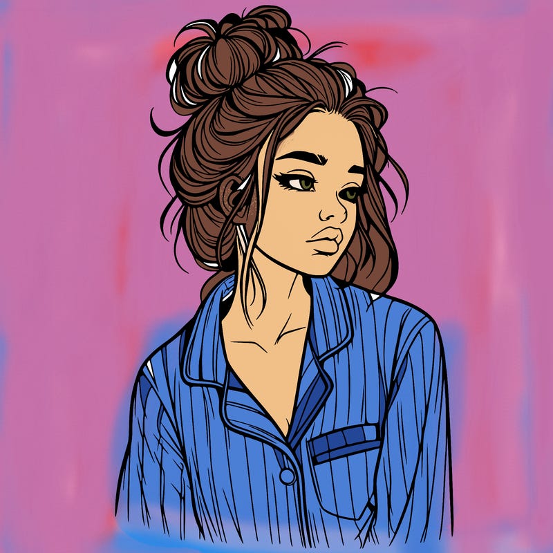 realistic woman with pajamas on and a messy bun
