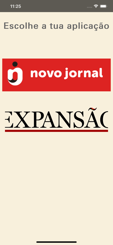 Pantalla de selección que muestra los logotipos de Novo Jornal y Expansao para noticias de Angola