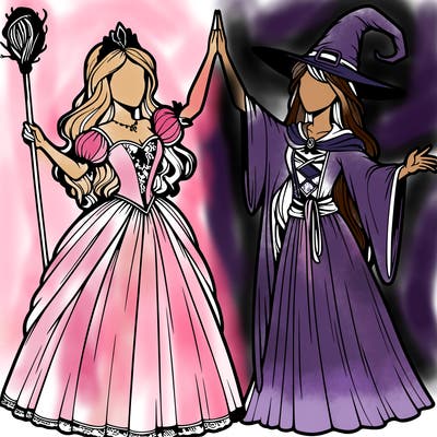 detailed realistic split of a princess and a witch