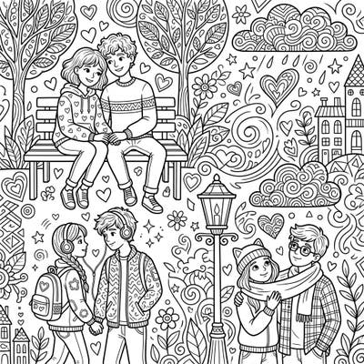 Discover a beautifully intricate adult coloring page featuring romantic teenage couples. This design offers a delightful challenge for experienced colorists seeking scenes of affection and connection.