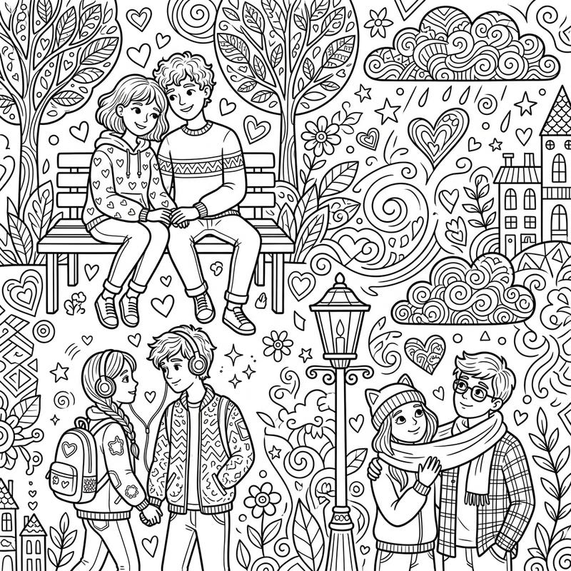 Discover a beautifully intricate adult coloring page featuring romantic teenage couples. This design offers a delightful challenge for experienced colorists seeking scenes of affection and connection.