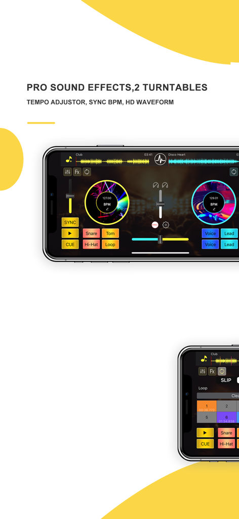 DJ Mixer Studio app interface featuring dual virtual turntables with sync and sound effects controls