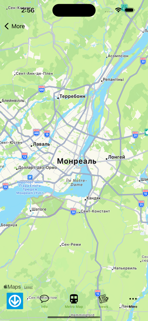 Vista del mapa de la ciudad de Montreal en la aplicación móvil Mapa del Metro de Montreal.