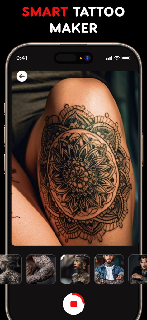 Interface de smartphone de um aplicativo gerador de tatuagens IA mostrando um design de mandala visualizado em uma perna usando RA.