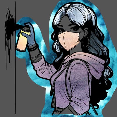 realistic girl with mask spray painting a wall