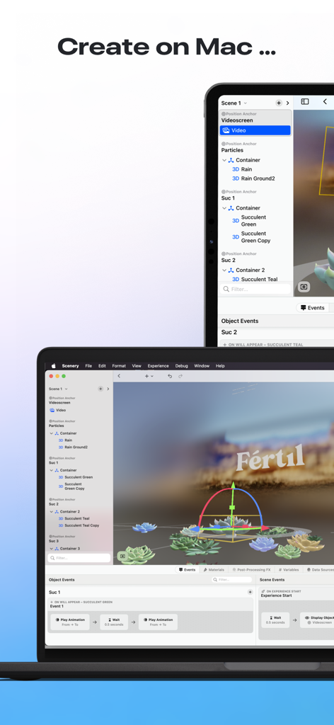 Scenery – Spatial Experiences - Interfaz profesional de diseño espacial 3D de la aplicación Scenery en un portátil Mac.