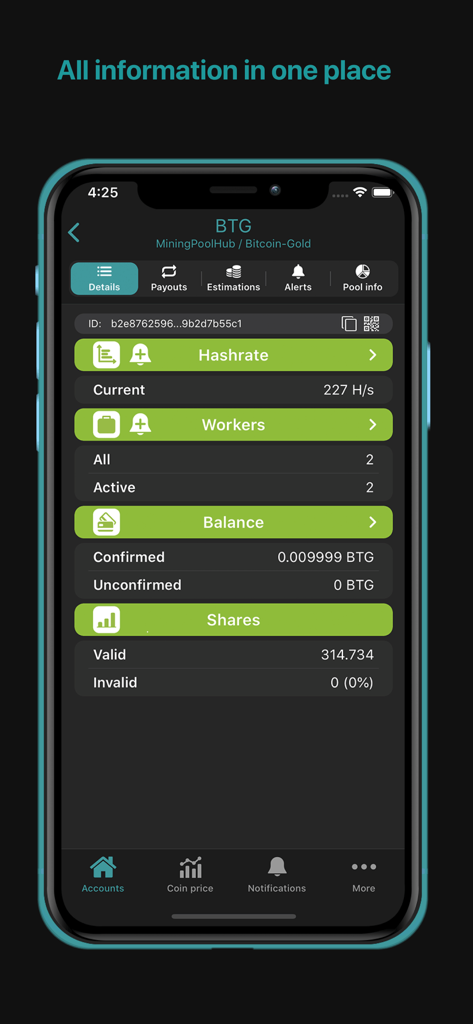 Crypto mining tracker MinerBox - MinerBox app displaying cryptocurrency mining hashrate and active worker statistics