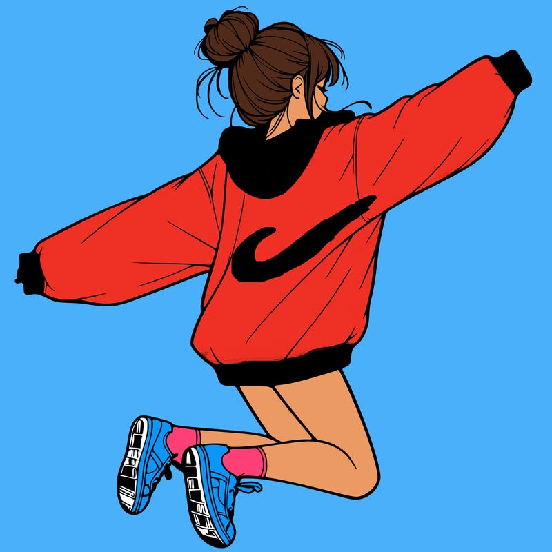 realistic girl jumping with a bun and oversized sweatshirt
