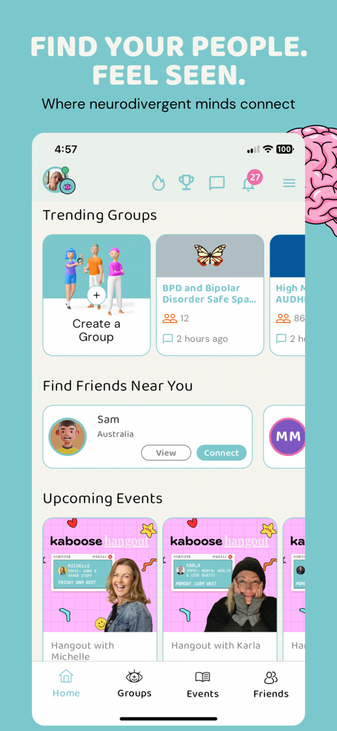 Kaboose - Home screen of the Kaboose app showing community groups and upcoming events for neurodivergent users