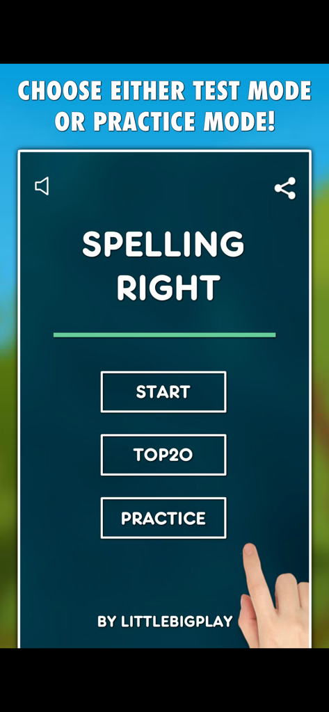 시작 및 연습 게임 모드 옵션을 보여주는 Spelling Right PRO 메인 메뉴 화면