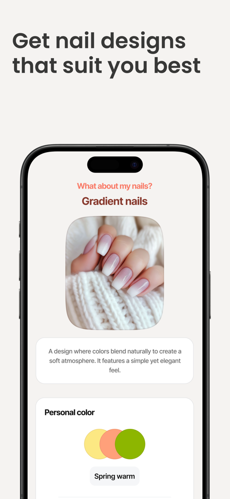 PalmPath - PalmPath app screen showing gradient nail design suggestions and personal color analysis for a spring warm skin tone.