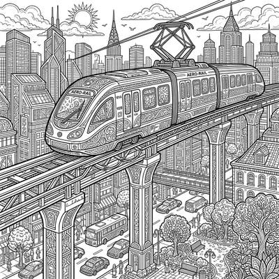 Embark on a captivating coloring adventure with this intricate monorail train scene designed for adult colorists. Discover detailed urban landscapes and a modern transport system, perfect for mindful relaxation.