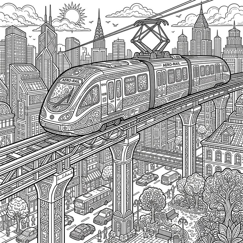 Embark on a captivating coloring adventure with this intricate monorail train scene designed for adult colorists. Discover detailed urban landscapes and a modern transport system, perfect for mindful relaxation.