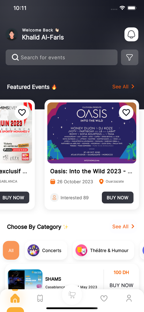 Ticket.ma - Interface de l'application mobile Ticket.ma montrant les événements marocains en vedette et la sélection de catégories