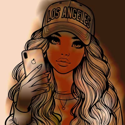 realistic beautiful girl wearing los ángeles cap holding an iphone