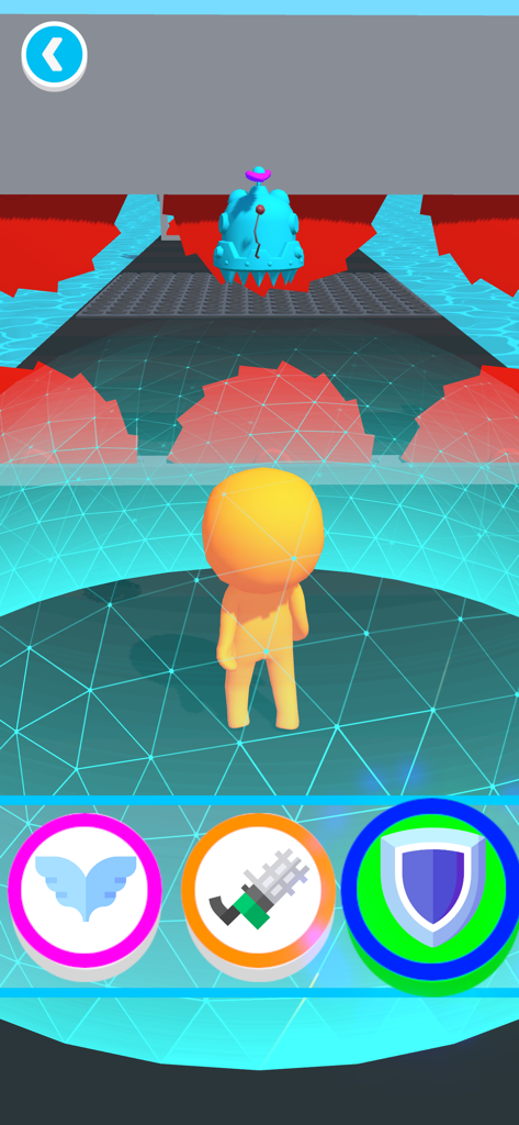 Robot Buddy 3D - Un personaje 3D en el juego Robot Buddy 3D seleccionando una habilidad de potenciador de escudo cerca de obstáculos de agua