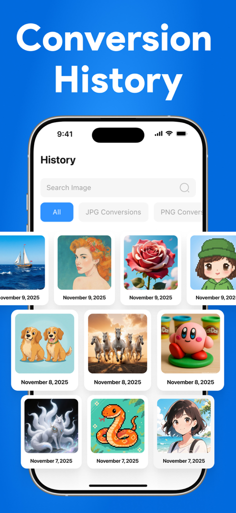 Image Converter: PNG,JPG, HEIC - A mobile app interface displaying a history of converted images with dates and file type filters