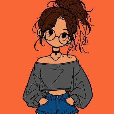 girl with a messy ponytail glasses a baggy crop top and jean shorts