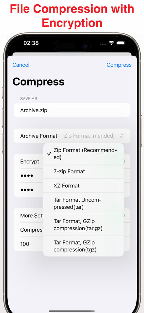 Unzip Pro: ZIP RAR Unarchiver - Captura de pantalla de la interfaz de Unzip Pro mostrando la configuración de compresión de archivos, cifrado y selección de formato de archivo.