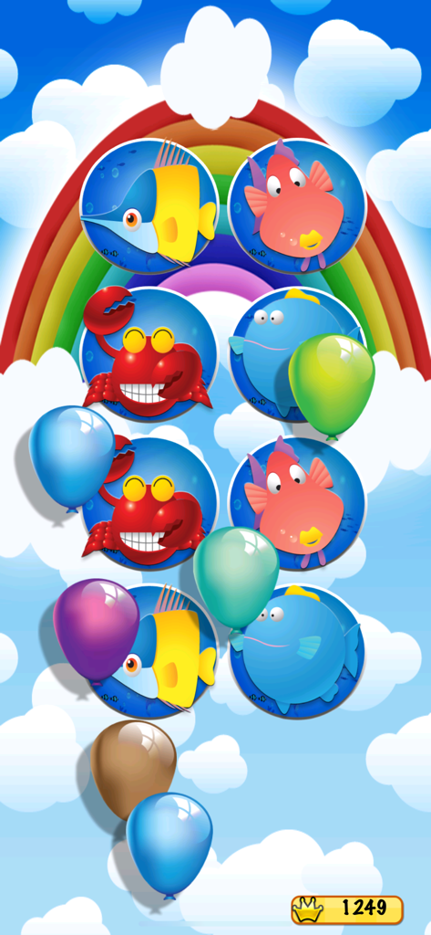Penguin Pairs for Kids - Pop the balloons mini game featuring colorful sea animals and a rainbow background in Penguin Pairs for Kids.