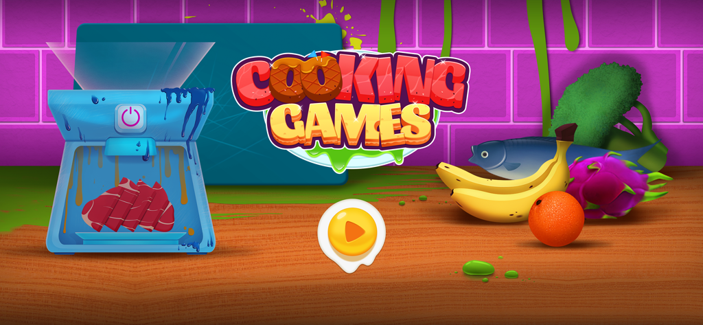 Cooking Games for kids - Home screen of the Cooking Games for kids app featuring colorful fruits and a play button