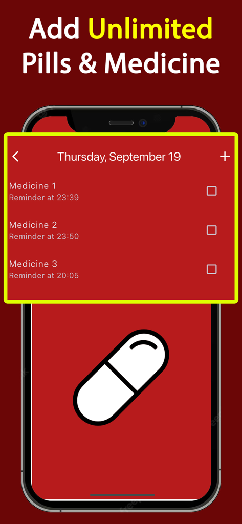 Medication Tracker Reminder - Pantalla de iPhone que muestra una lista diaria de medicamentos con horarios de recordatorio programados en la aplicación Rastreador de Medicamentos.
