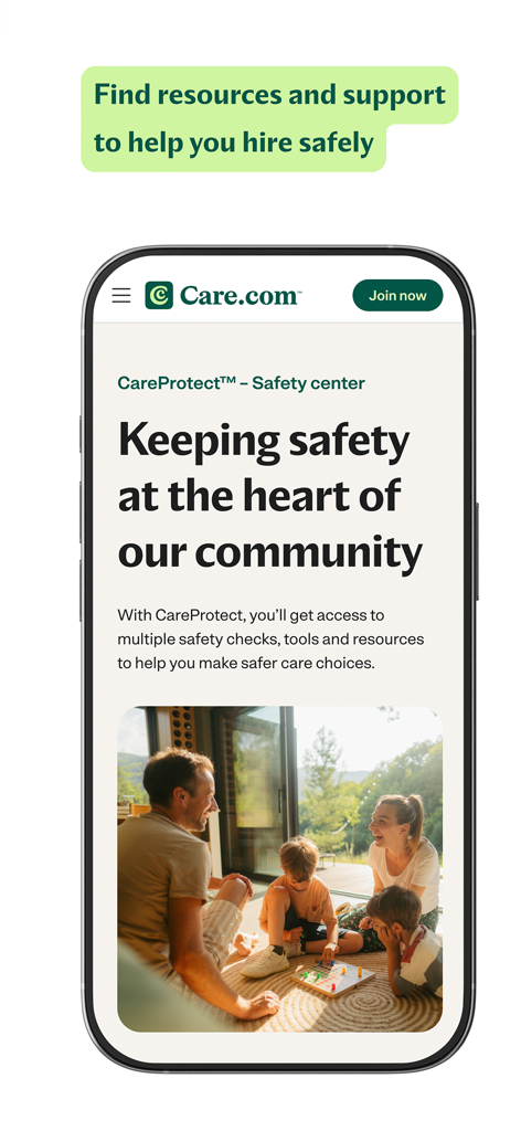 Care.com: Hire Caregivers - Care.comアプリのセーフティセンター画面。ゲームをしている家族が写っており、CareProtect機能が強調されています。