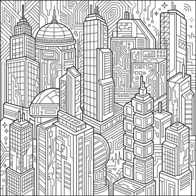 Explore a sprawling futuristic city brought to life through intricate line art, perfect for your next coloring project. This unique design features towering digital buildings, creating a captivating and modern urban landscape ready for your vibrant imagination.