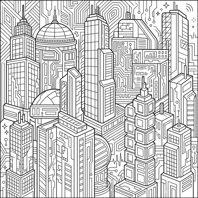 Explore a sprawling futuristic city brought to life through intricate line art, perfect for your next coloring project. This unique design features towering digital buildings, creating a captivating and modern urban landscape ready for your vibrant imagination.