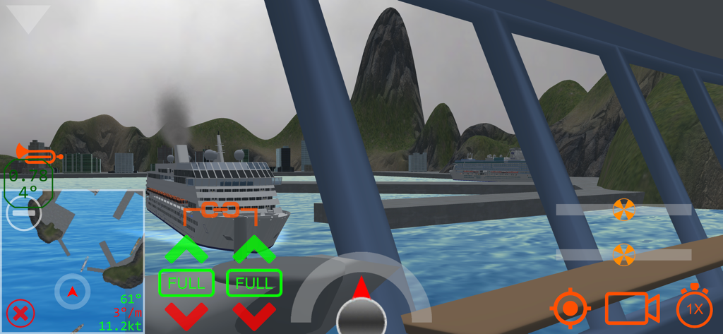 Cruise Ship Handling - First person view from a cruise ship bridge showing navigation controls and a mountain landscape in a handling simulator