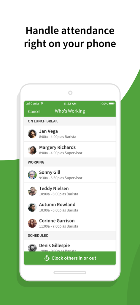 When I Work Staff Scheduling - When I Work 앱 인터페이스가 직원 출석 상태 및 출근 옵션을 보여줌