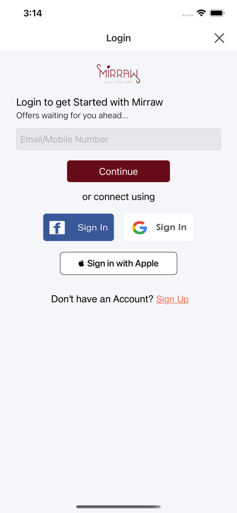 Mirraw Sarees - Login screen for the Mirraw Sarees mobile app with email and social sign-in options