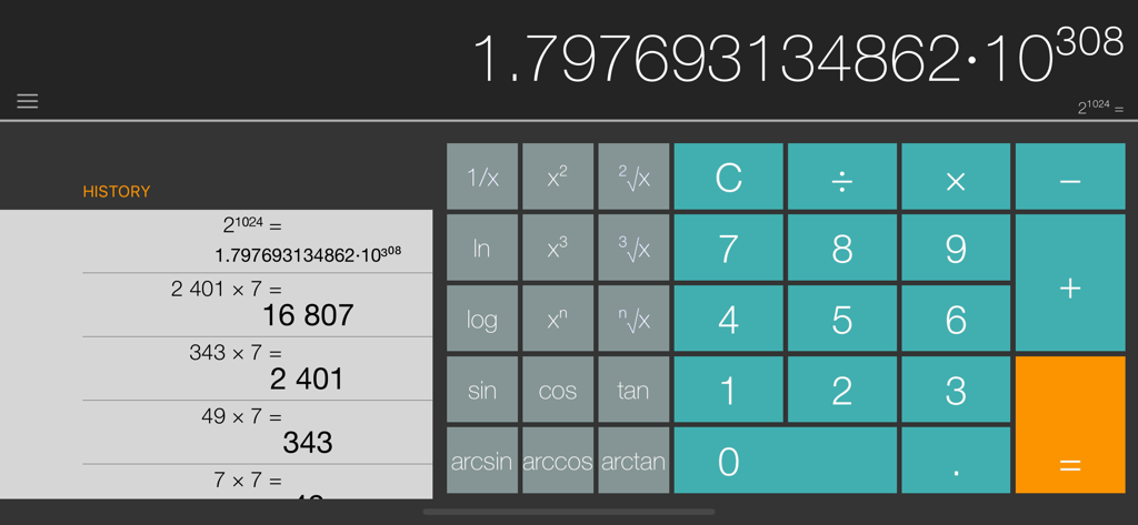 Calcy - Calculator App - Interface of Calcy calculator app in landscape orientation showing calculation history and scientific function keys